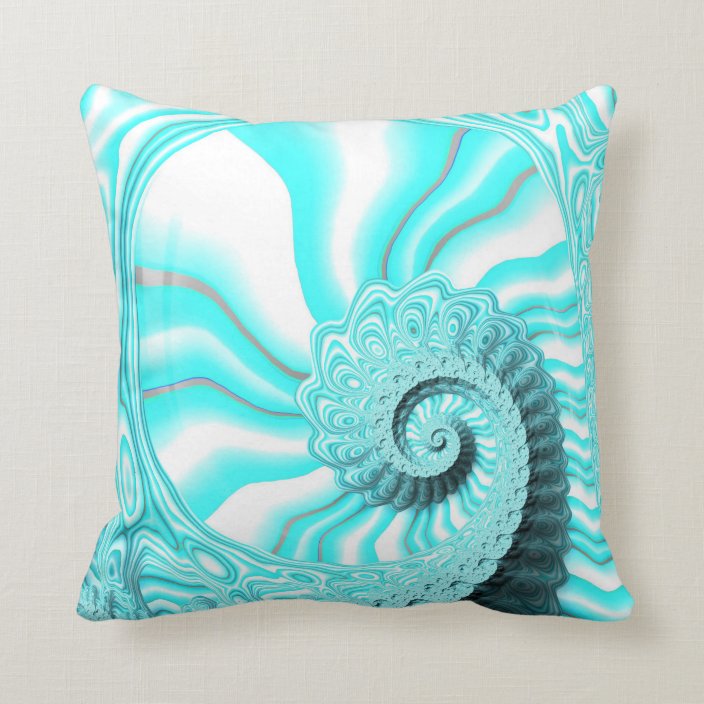 Pretty Ocean Blue Nautilus Shell Spiral Fractal Throw Pillow
