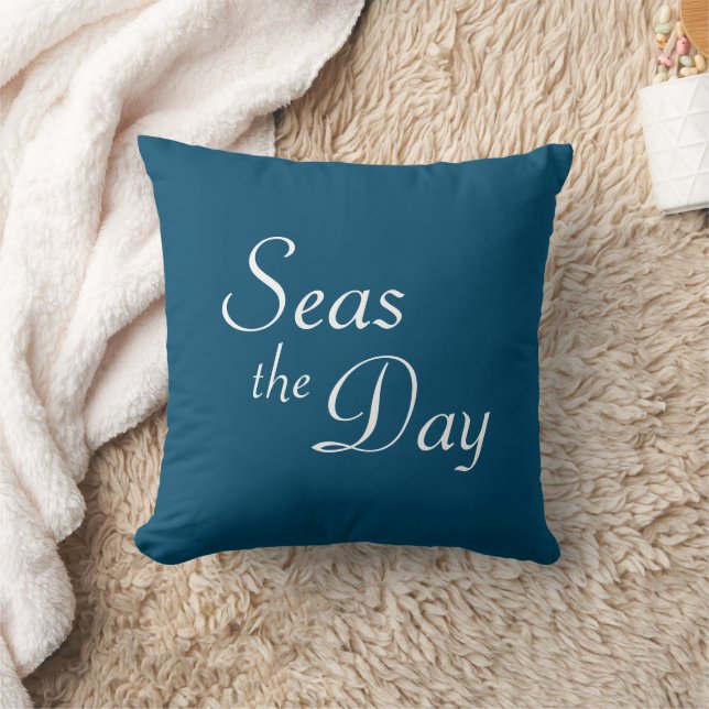Pretty ocean blue "Seas the Day" Throw Pillow (Blanket)