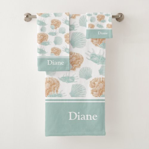 Pretty Ocean Seashell Pattern with Name  Bath Towel Set