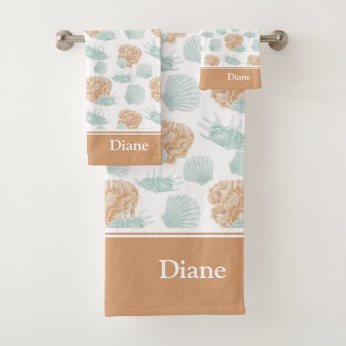 Pretty Ocean Seashell Pattern with Name  Bath Towel Set