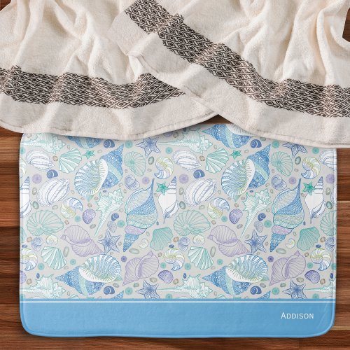 Pretty Ocean Seashell Pattern with Name Blue Bath Mat