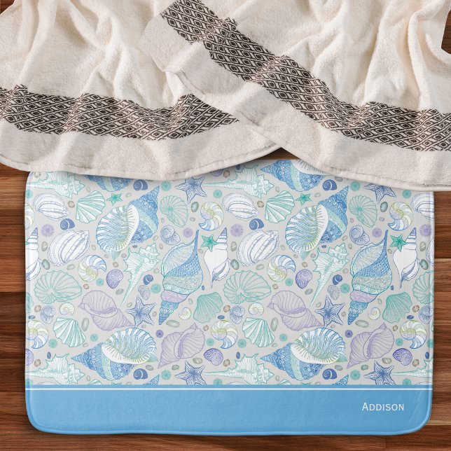 Pretty Ocean Seashell Pattern with Name Blue Bath Mat (Creator Uploaded)