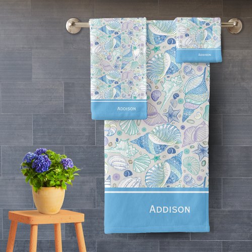 Pretty Ocean Seashell Pattern with Name Blue Bath Towel Set