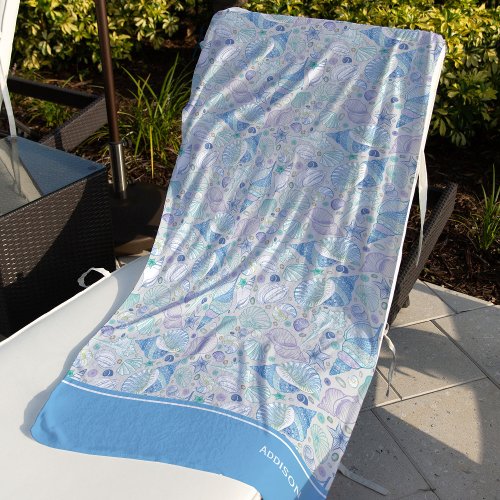Pretty Ocean Seashell Pattern with Name Blue Beach Towel