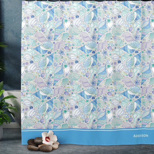Pretty Ocean Seashell Pattern with Name Blue  Shower Curtain