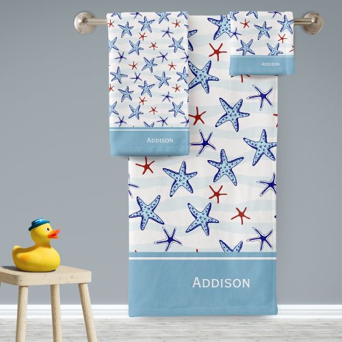 Pretty Ocean Starfish Pattern with Name Blue Bath Towel Set