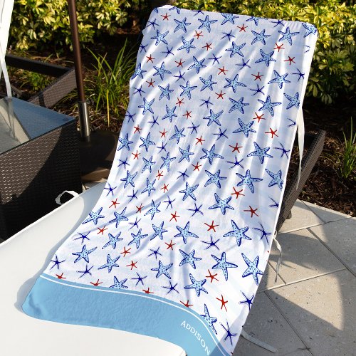 Pretty Ocean Starfish Pattern with Name Blue Beach Towel