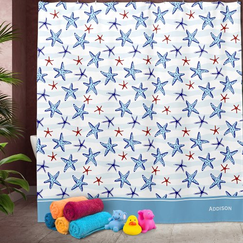 Pretty Ocean Starfish Pattern with Name Blue Shower Curtain