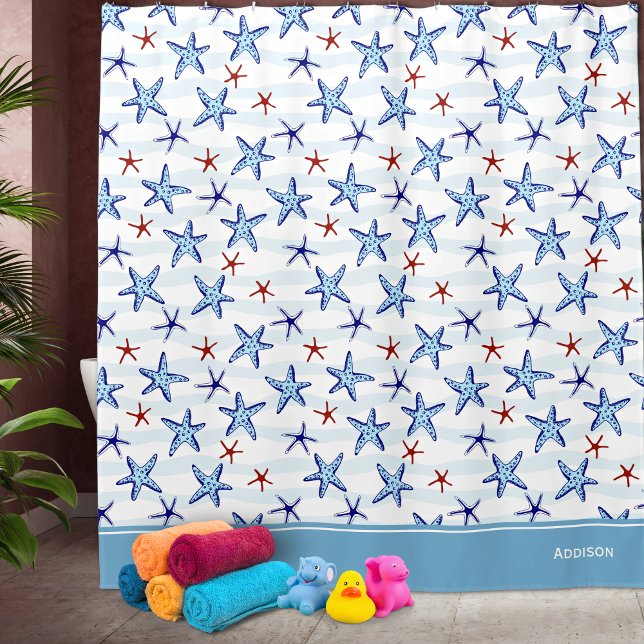 Pretty Ocean Starfish Pattern with Name Blue Shower Curtain (Creator Uploaded)