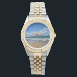 Pretty Ocean Tide Beach Waves Photo Watch<br><div class="desc">This beautiful ocean lover wristwatch is perfect for summer vacation at the coast. Small blue waves roll up on a gorgeous beach under pretty clouds. I love seaside vacations.</div>