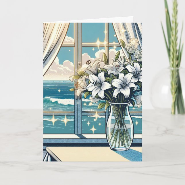 Pretty Ocean View and Vase of Flowers Birthday Card (Front)
