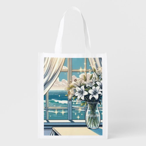 Pretty Ocean View and Vase of Flowers  Grocery Bag