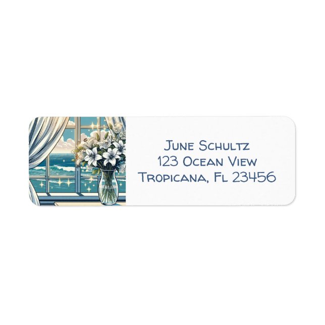Pretty Ocean View and Vase of Flowers  Label (Front)