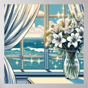 Pretty Ocean View and Vase of Flowers Poster