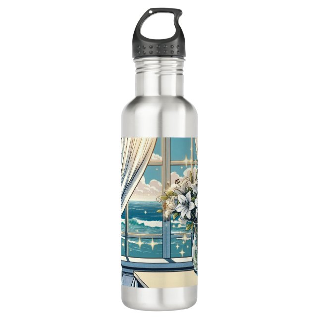 Pretty Ocean View and Vase of Flowers  Stainless Steel Water Bottle (Front)