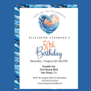 Pretty Ocean Wave Heart 50th Birthday Invitation
