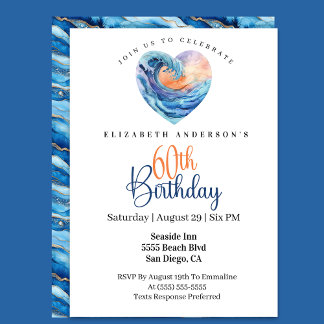Pretty Ocean Wave Heart 60th Birthday Invitation