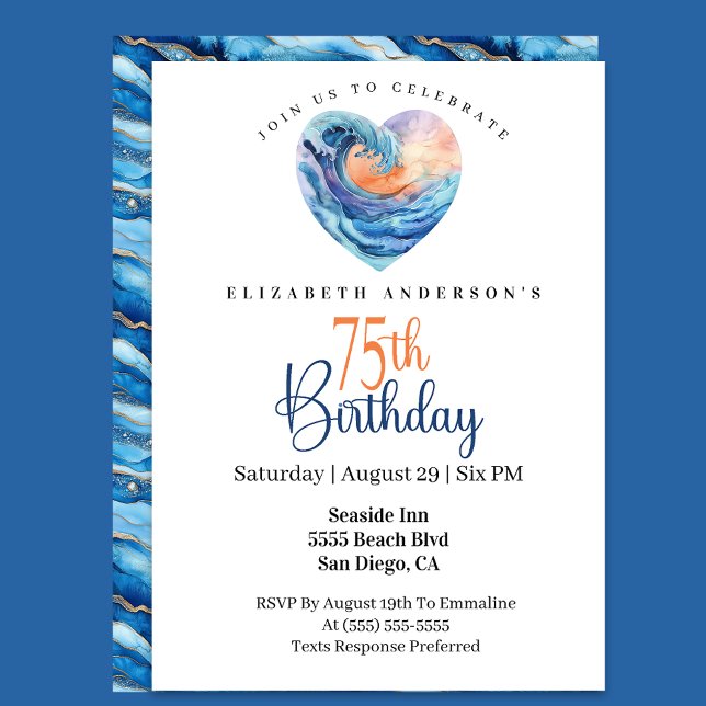 Pretty Ocean Wave Heart 75th Birthday Invitation (Creator Uploaded)