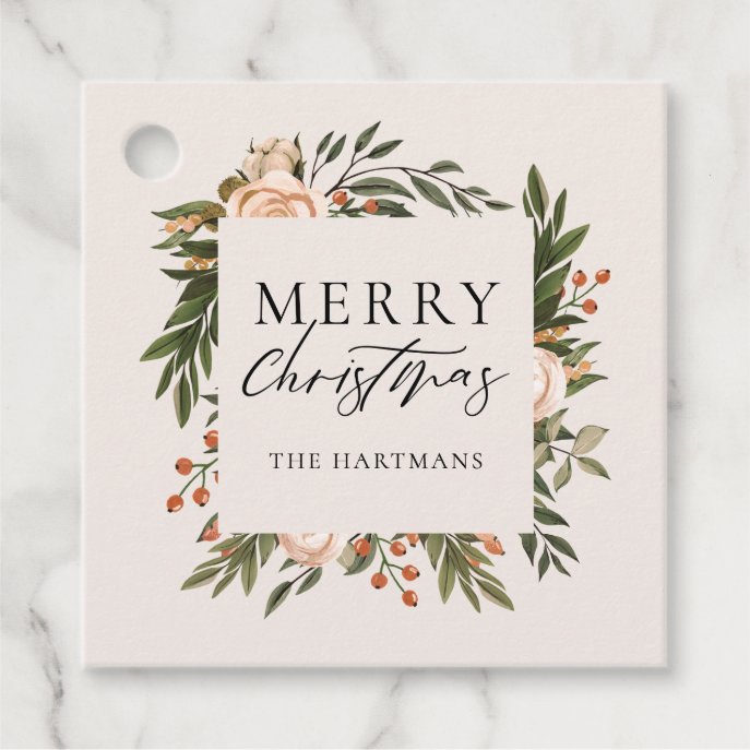 Pretty Olive Green Floral Christmas Name Favor Tags