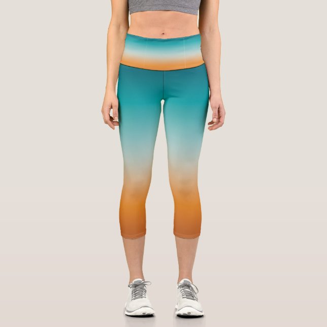Pretty Ombre Sunny Orange & Teal Blue Gradient  Capri Leggings (Front)