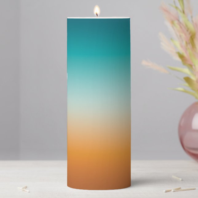 Pretty Ombre Sunny Orange & Teal Blue Gradient Pillar Candle (In Situ)