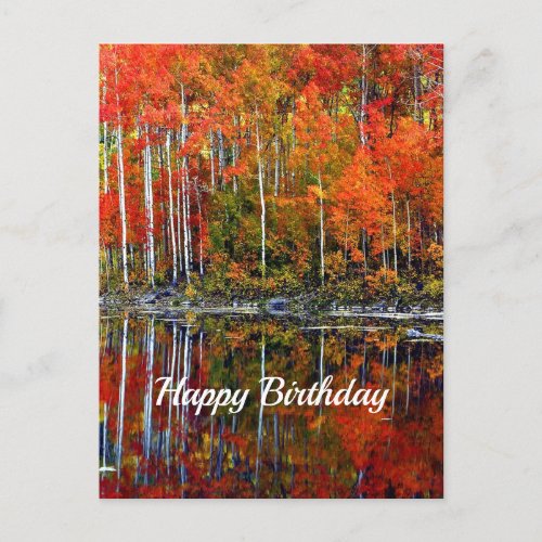 Pretty Orange Autumn Trees Reflection Birthday Postcard