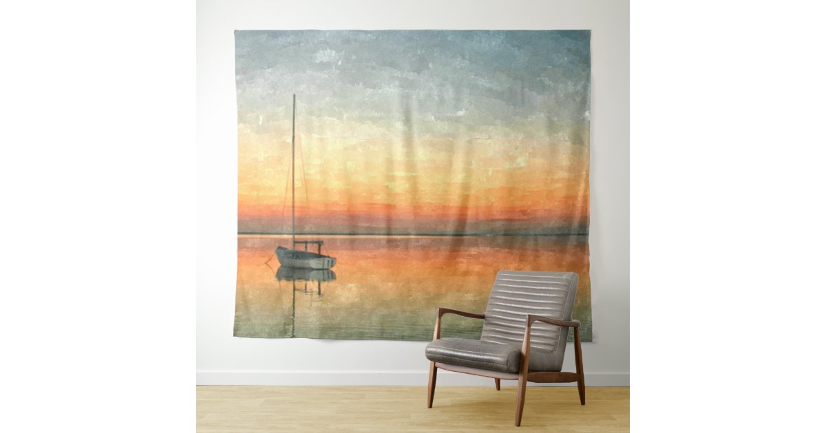 Pretty Orange Blue Sunset Sailboat Watercolor Art Tapestry Zazzle