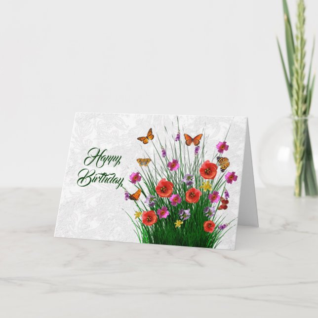 Pretty Orange Butterfly Floral  Birthday Card (Front)