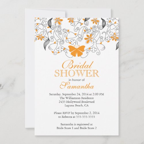 Pretty Orange Butterfly Floral Bridal Shower Custom Invitations