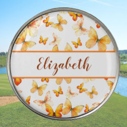Pretty orange butterfly with custom name ladies golf ball marker