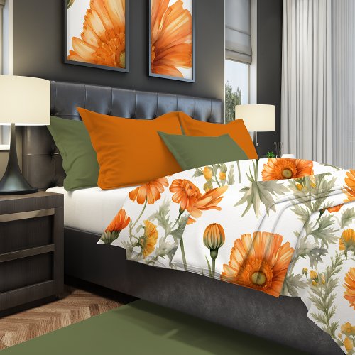 Pretty Orange Calendula and Acacia Flowers Duvet Cover