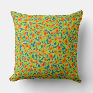 Pretty Orange Country Marigolds on Blue and Green Throw Pillow
