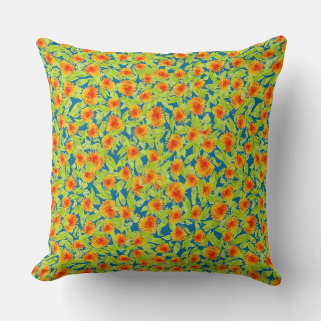 Pretty Orange Country Marigolds on Blue and Green Throw Pillow (Front)
