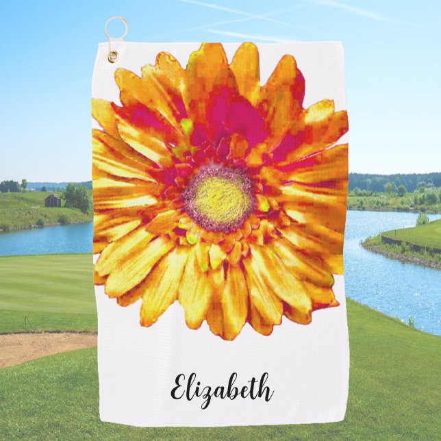 Pretty orange daisy flower custom name womens golf towel (Creator Uploaded)