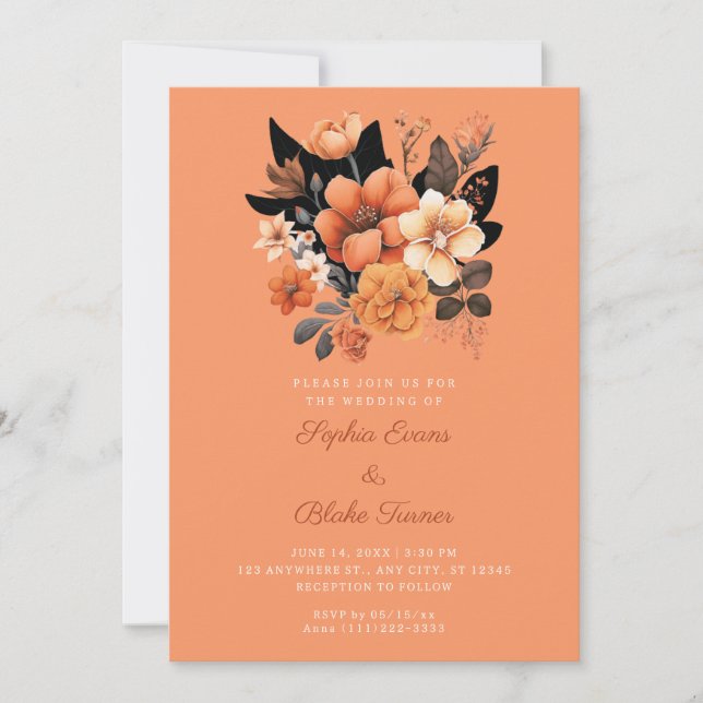 Pretty Orange Floral Bouquet Fall Orange Wedding Invitation (Front)