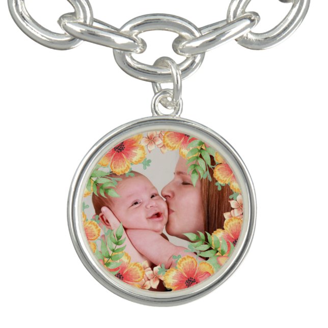 Pretty Orange Floral Custom Photo Bracelet (Design)