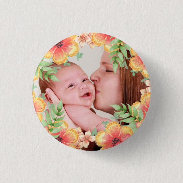 Pretty Orange Floral Custom Photo Button (Front)