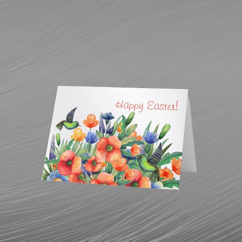 Pretty Orange Floral Hummingbird Easter Holiday Card