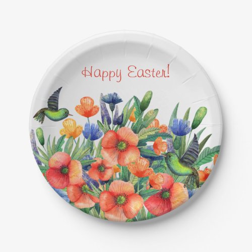 Pretty Orange Floral Hummingbird Easter Paper Plates