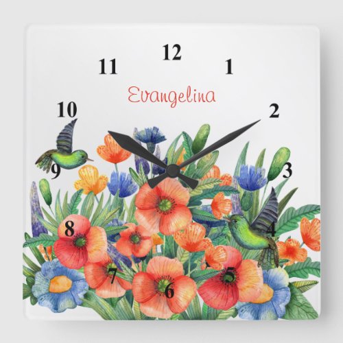 Pretty Orange Floral Hummingbird Personalized Square Wall Clock