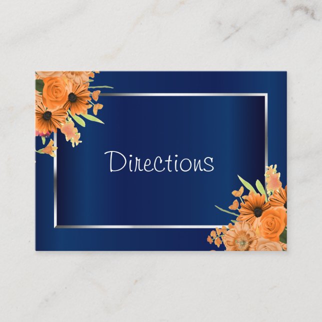 Pretty Orange Flowers on Navy Blue  - Directions Enclosure Card (Front)