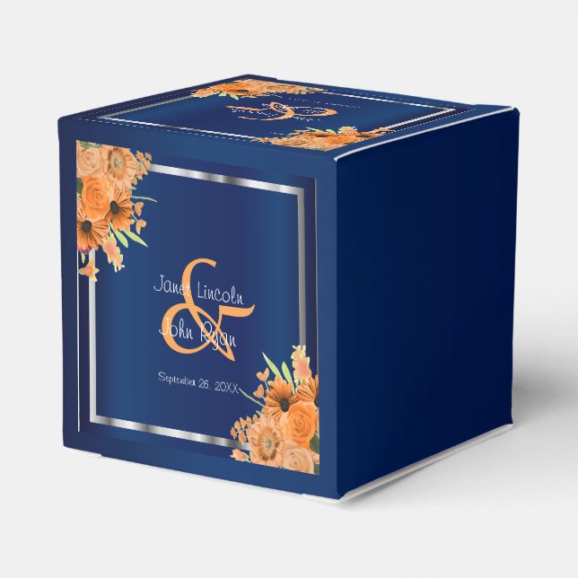 Pretty Orange Flowers on Navy Blue Favor Boxes (Back Side)