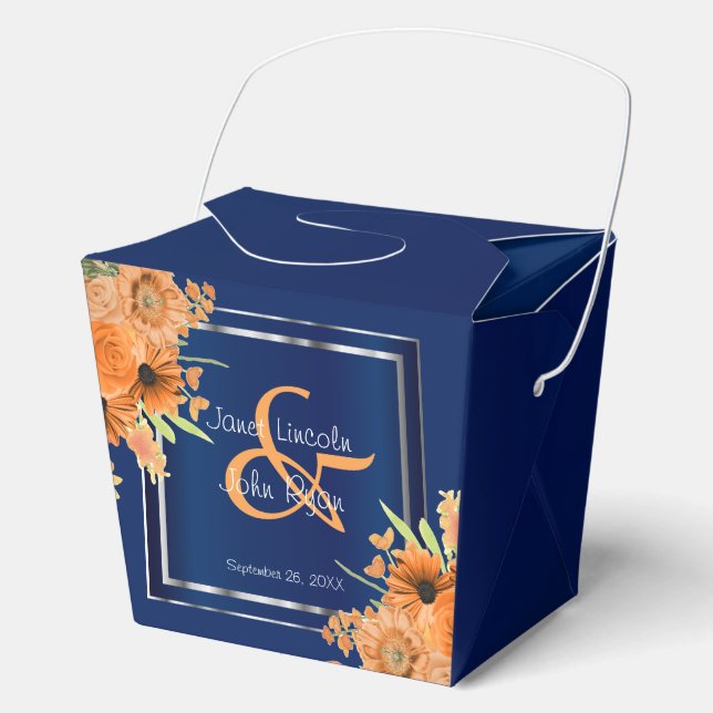 Pretty Orange Flowers on Navy Blue Favor Boxes (Front)