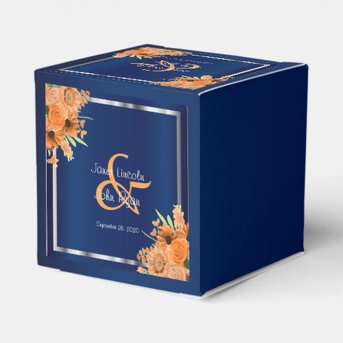 Pretty Orange Flowers on Navy Blue Favor Boxes