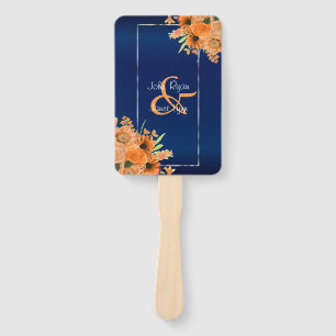 Pretty Orange Flowers on Navy Blue Hand Fan