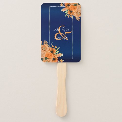 Pretty Orange Flowers on Navy Blue Hand Fan