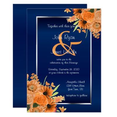 Pretty Orange Flowers on Navy Blue Invitations