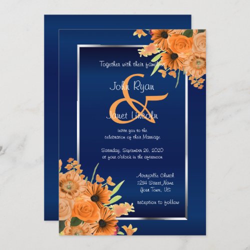 Pretty Orange Flowers on Navy Blue Invitations