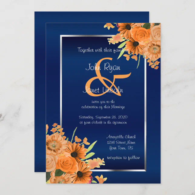 Pretty Orange Flowers on Navy Blue Invitations