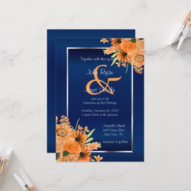 Pretty Orange Flowers on Navy Blue Invitations